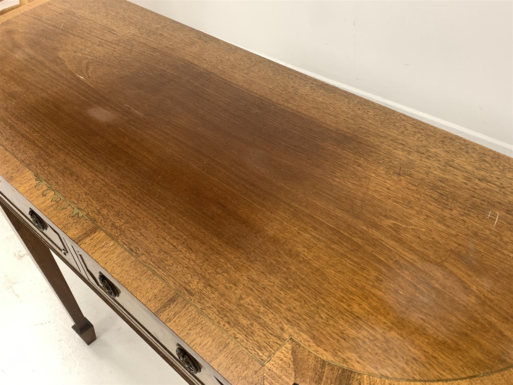 Georgian style mahogany break bow front console table, fitted with two drawers, raised on square tap - Image 2 of 3