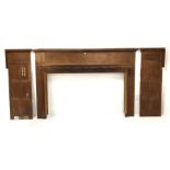 Large Edwardian oak fire surround, gadroon moulded break front cushion frieze over moulded mantel sh