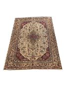 Vintage Persian Tabriz rug, traditional Tabriz geometric design on ivory field with red spandrels