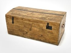 Victorian pine dome top blanket box, iron bound and with carry handle to each end