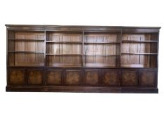Late Victorian country house mahogany, walnut and oak dwarf breakfront bookcase, projecting cornice