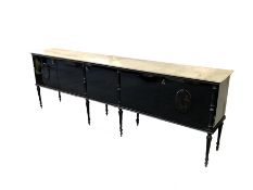 Mid century Italian ebonised sideboard, white Carrera marble top over central cupboard enclosing fou