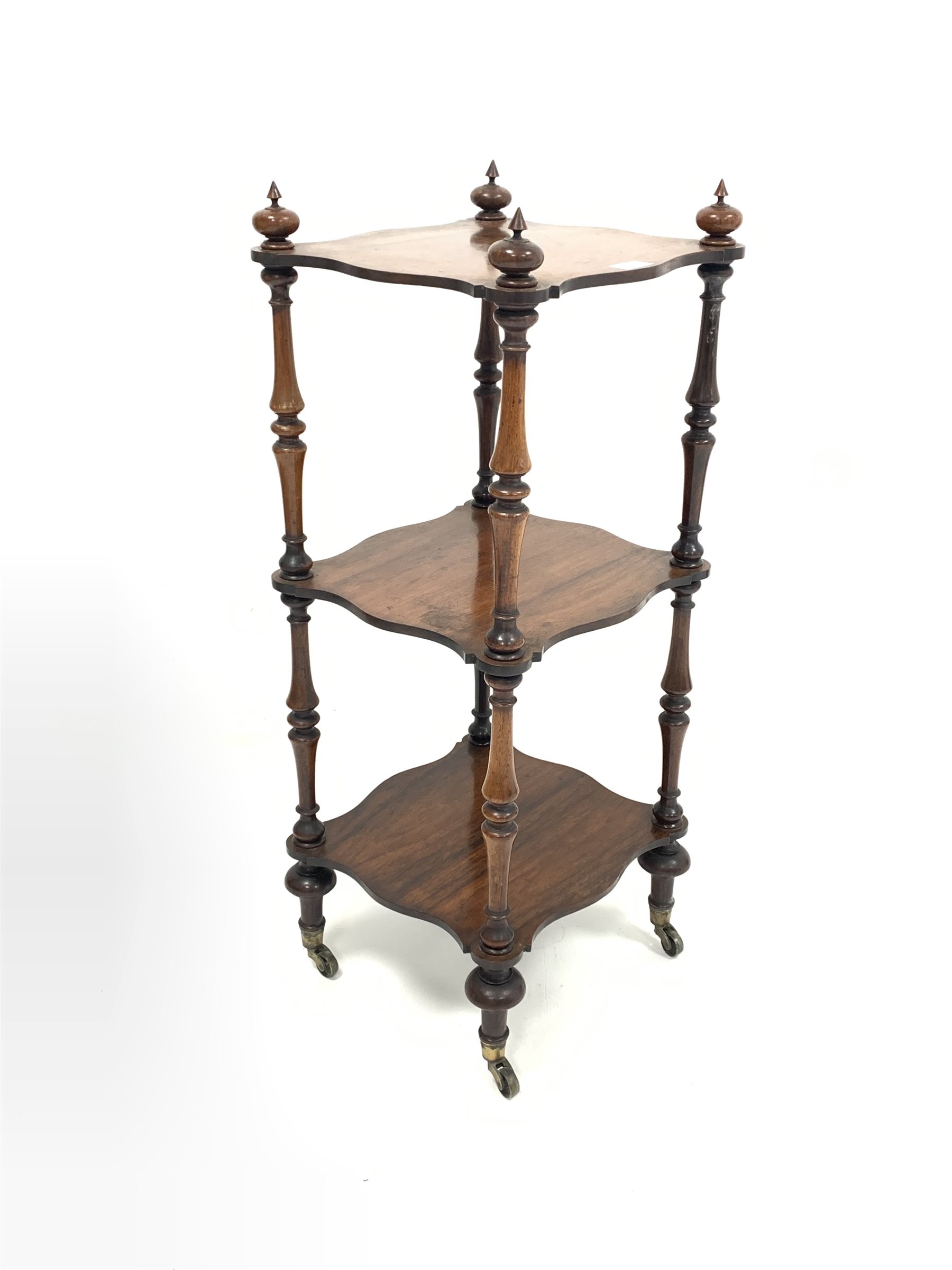 Small Victorian rosewood three tier whatnot, with turned finials, serpentine shelves, raised on turn - Image 2 of 2