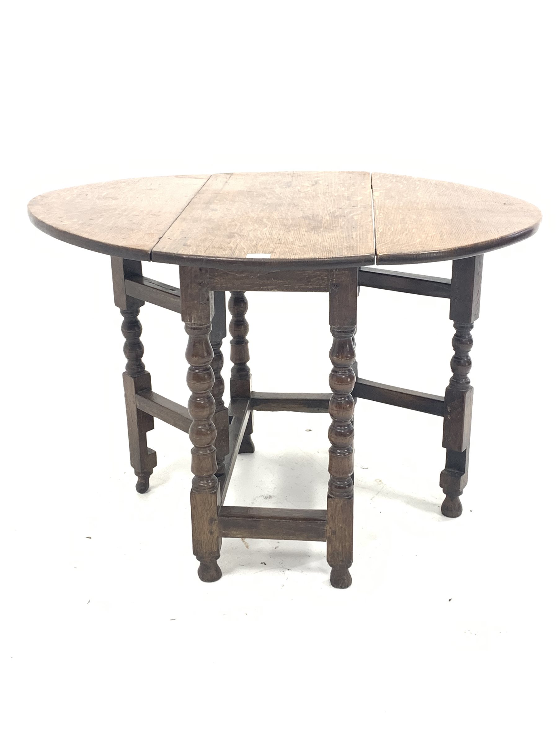 18th century oak gateleg table, the oval top with two drop leaves, over bobbin and block turned supp - Image 2 of 4