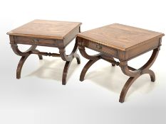 Pair Bevan Funnell Reprodux walnut and mahogany lamp tables, cross banded moulded top over one drawe