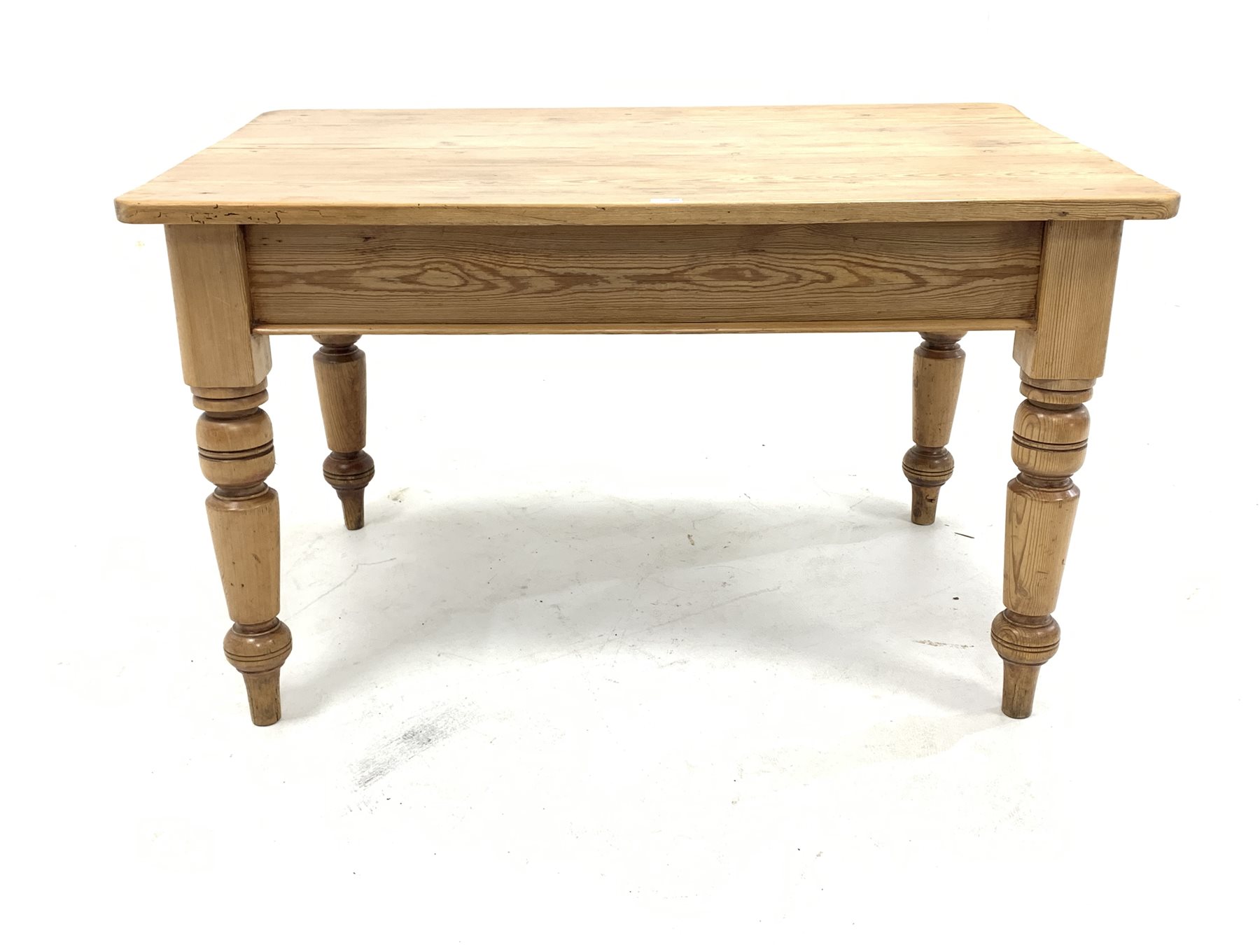 Victorian pine kitchen dining table, fitted with one drawer with ceramic pull handle, raised on turn - Image 4 of 4