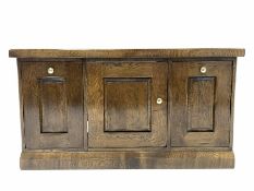 20th century solid oak filing cabinet sideboard, with two deep hanging file drawers flanking panelle