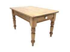 Victorian pine kitchen dining table, fitted with one drawer with ceramic pull handle, raised on turn