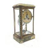 Late 19th century onyx, brass and cloisonn� four glass mantle clock, stepped moulded top over bevel