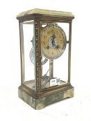 Late 19th century onyx, brass and cloisonn� four glass mantle clock, stepped moulded top over bevel
