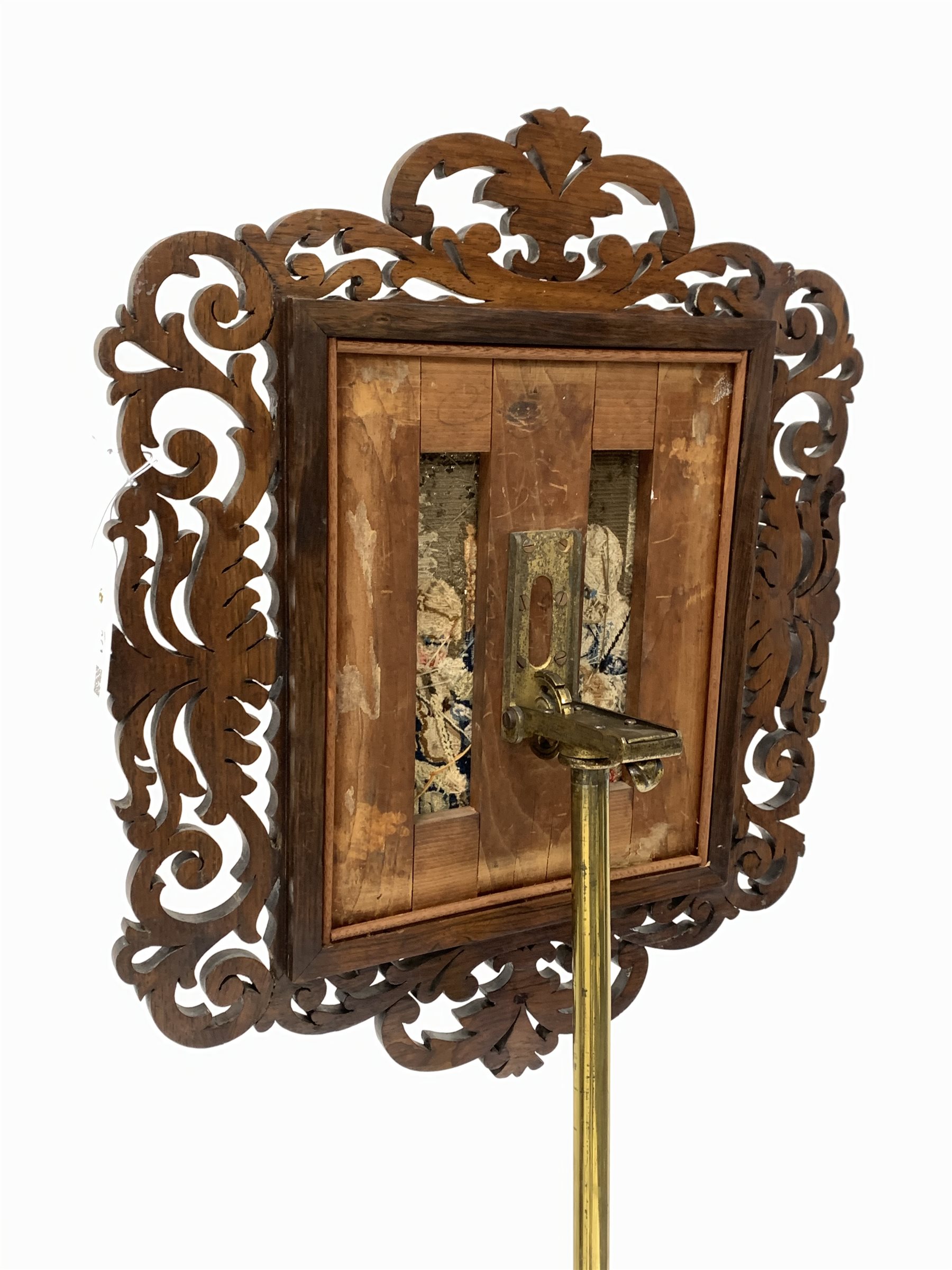 Victorian rosewood and brass music stand, floral fretwork frame enclosing needlework panel depicting - Image 3 of 3