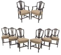 Quality set eight (6+2) early 20th century mahogany dining chairs, shield back with fretwork splats,