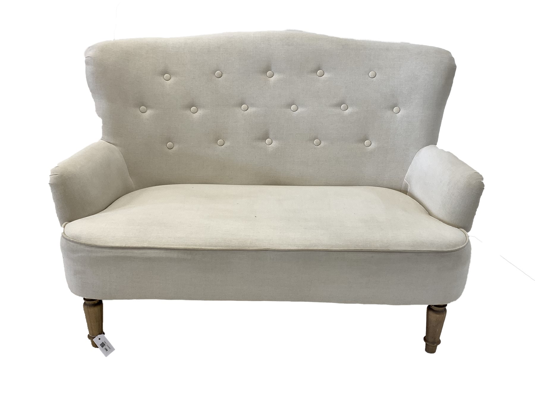 Traditional 'Loveseat' two seat sofa, upholstered in oatmeal buttoned linen, with feature toile fabr
