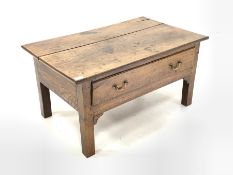 Antique elm coffee table, square top over single drawer with brass drop handles, raised on square su