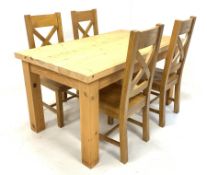 Contemporary solid pine rectangular dining table (153cm x 88cm, H79cm) together with a set of four c
