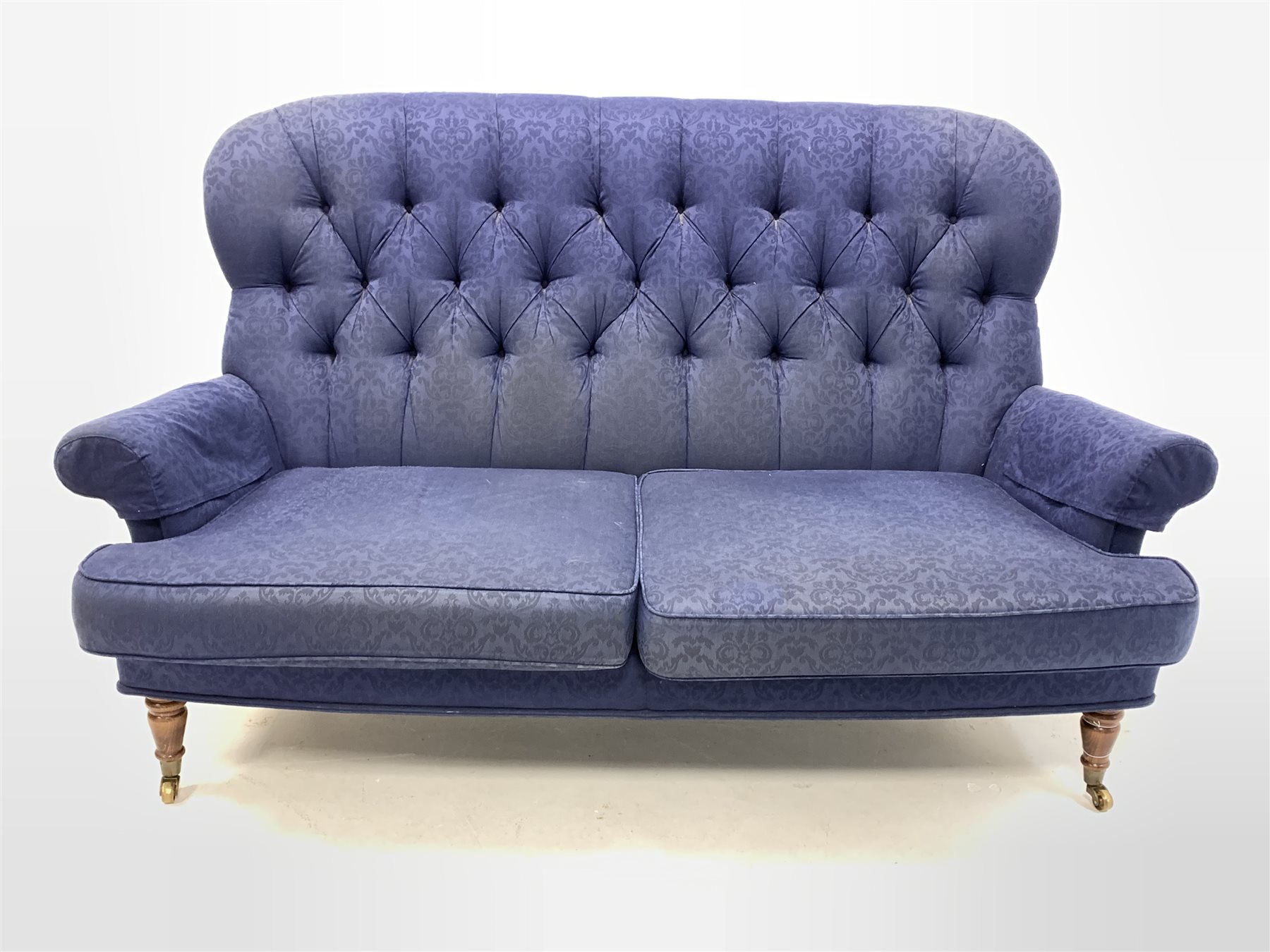 Liberty of London - Victorian style two seat sofa, upholstered in deep buttoned blue floral damask f - Image 2 of 2