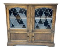 Early 20th century oak display cabinet, with two lead glazed doors enclosing a fixed shelf, one doub