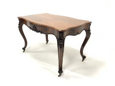 Victorian figured mahogany centre table, serpentine top, frieze drawer with shaped apron and applied