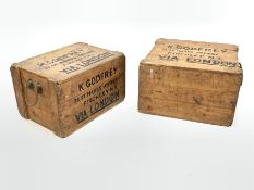 Two vintage pine travelling trunks, with rope carry handle to each end