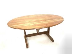 20th century French cherry wood Vineyard table, the oval top raised on joined base with 'V' shaped p