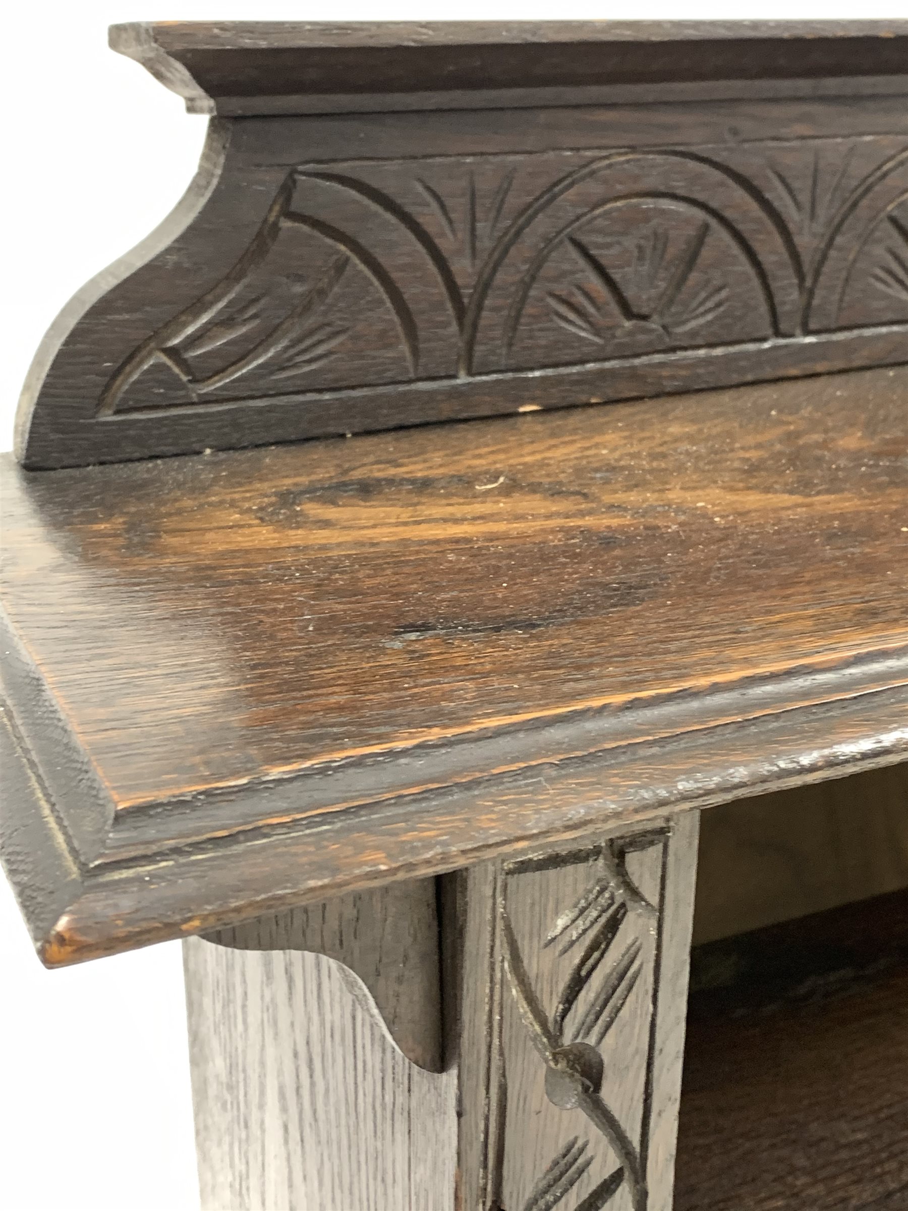 Early 20th century dark oak open bookcase, the raised back with lunette carving over three adjustabl - Image 5 of 6