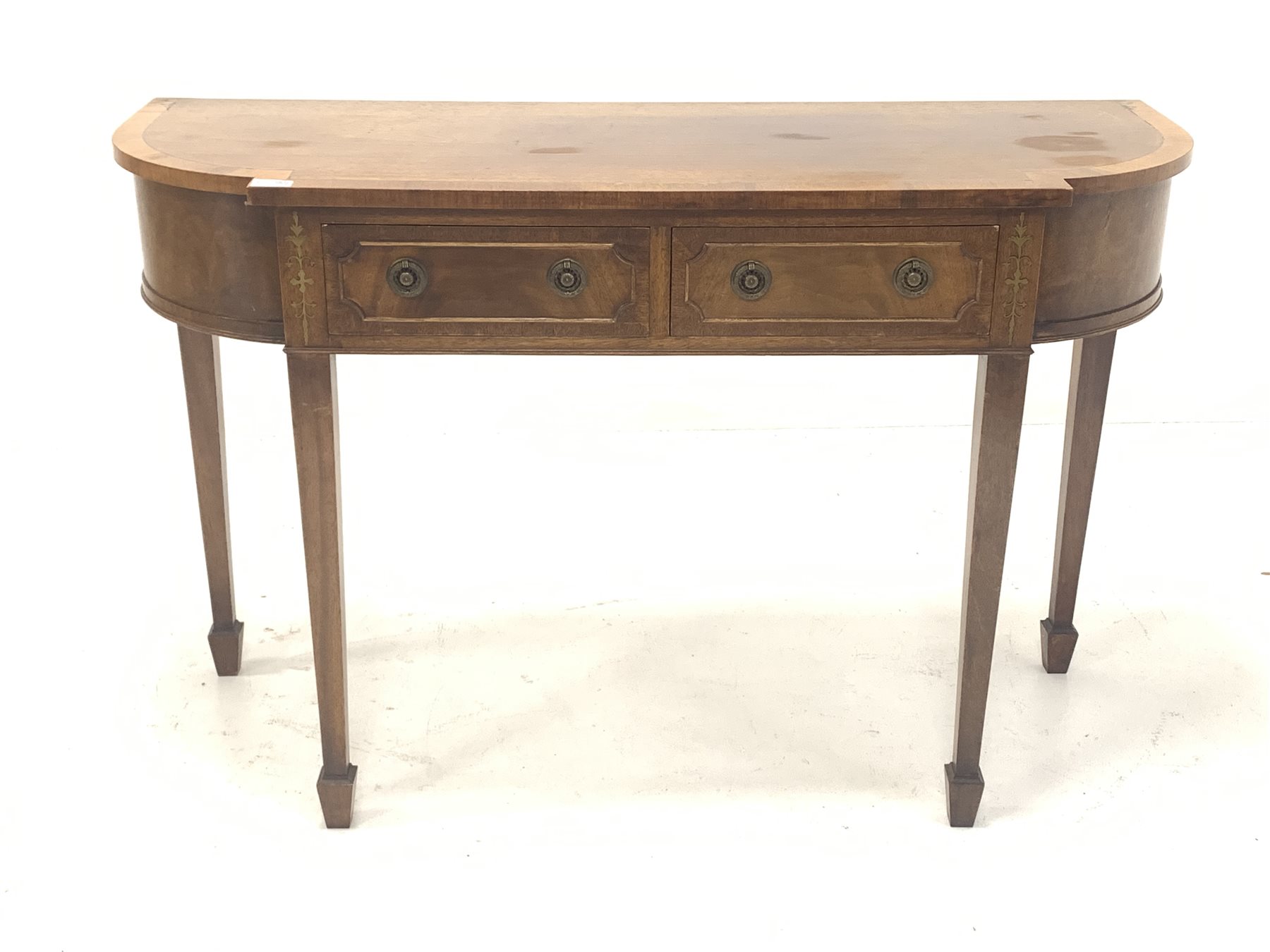 Georgian style mahogany break bow front console table, fitted with two drawers, raised on square tap