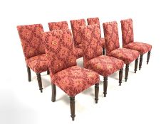 Set of eight 20th century mahogany high back dining chairs, upholstered in claret floral fabric, rai