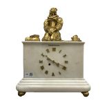 Late 19th century figural mantel clock, white marble case surmounted by a cast ormolu figure of a kn