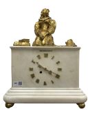 Late 19th century figural mantel clock, white marble case surmounted by a cast ormolu figure of a kn