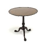 20th century Georgian style mahogany tripod table, circular moulded pie crust tilt top on turned and