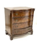 Early 20th century walnut serpentine chest, moulded top over four long graduated drawers enclosed by