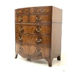 20th century mahogany bow front chest, the cross banded top with ebonised stringing over one long an