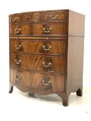 20th century mahogany bow front chest, the cross banded top with ebonised stringing over one long an