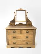 Edwardian pine dressing chest, raised back with swing mirror supported by shaped uprights, two trink