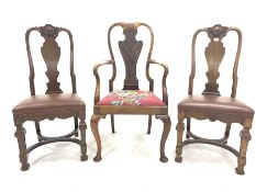 Pair of 20th century oak 18th century style high back dining chairs, shell carved crest rail over sh