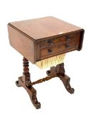 Regency mahogany work table, the rectangular top with two drop leaves over two cock beaded drawers o