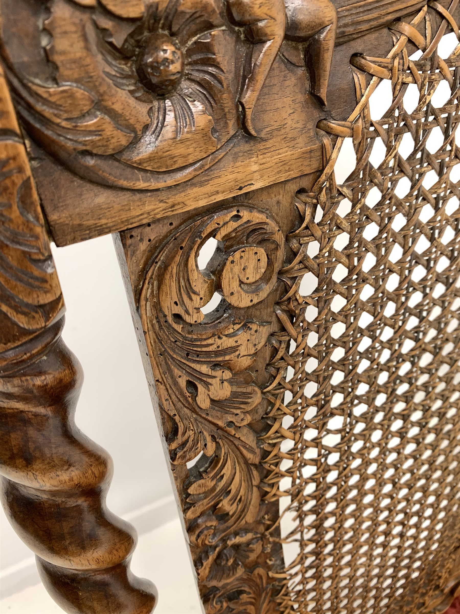 Pair of 19th century Carolean style walnut chairs, spiral turned uprights enclosing oval cane panels - Image 4 of 5