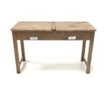 Vintage pine child's school desk, the top with two hinged compartments and brass ink wells inscribed