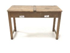 Vintage pine child's school desk, the top with two hinged compartments and brass ink wells inscribed