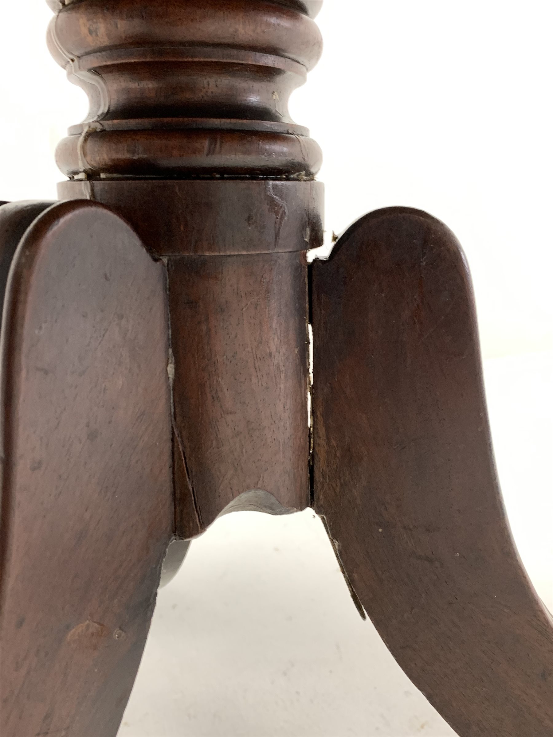 Regency mahogany tripod table, rectangular tilt top with rounded corners, raised on ring turned colu - Image 3 of 5