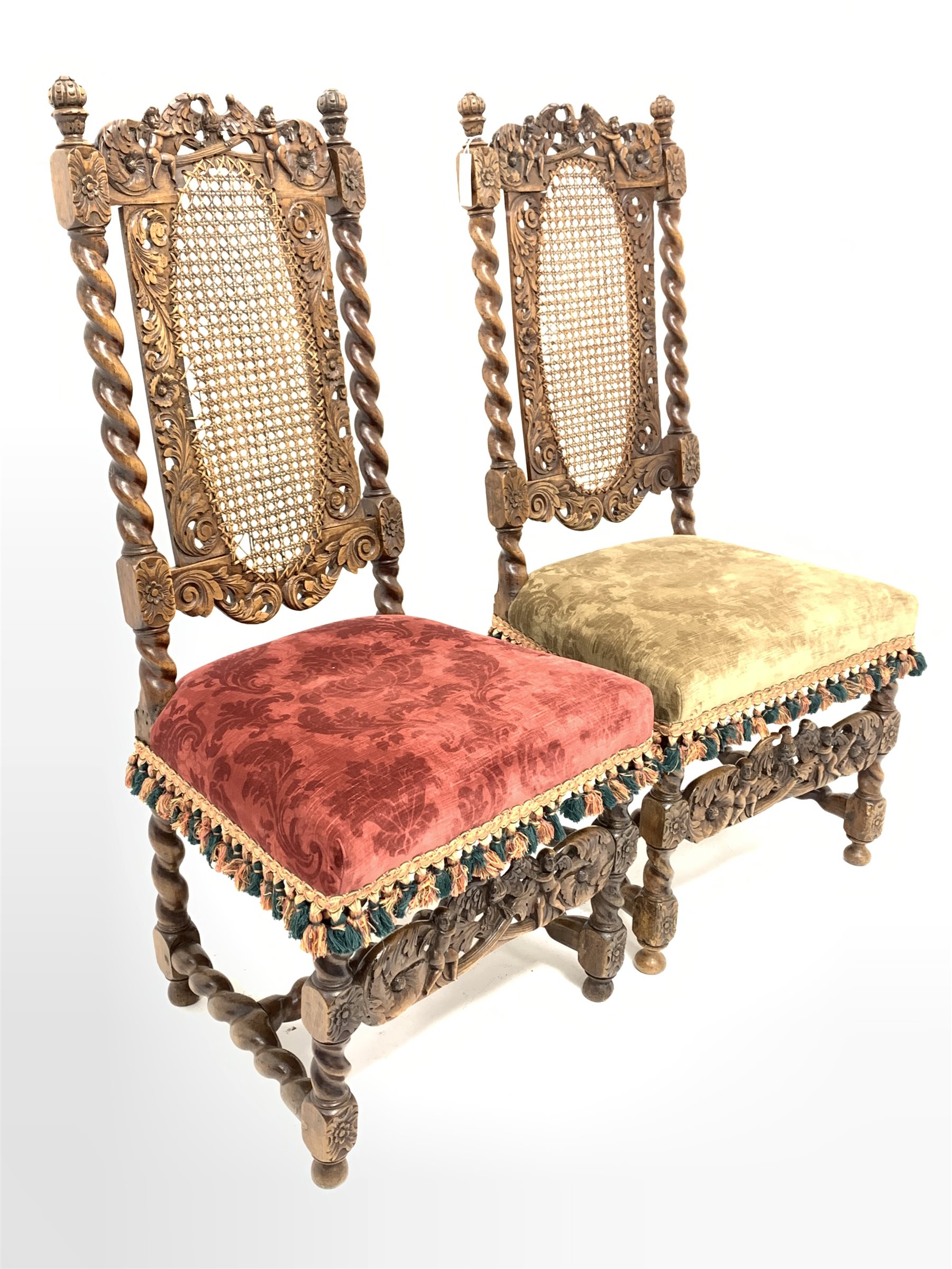 Pair of 19th century Carolean style walnut chairs, spiral turned uprights enclosing oval cane panels - Image 2 of 5