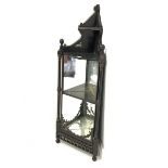 Victorian ebonised corner wall hanging shelf, with incised and gilt painted detail, turned pilasters