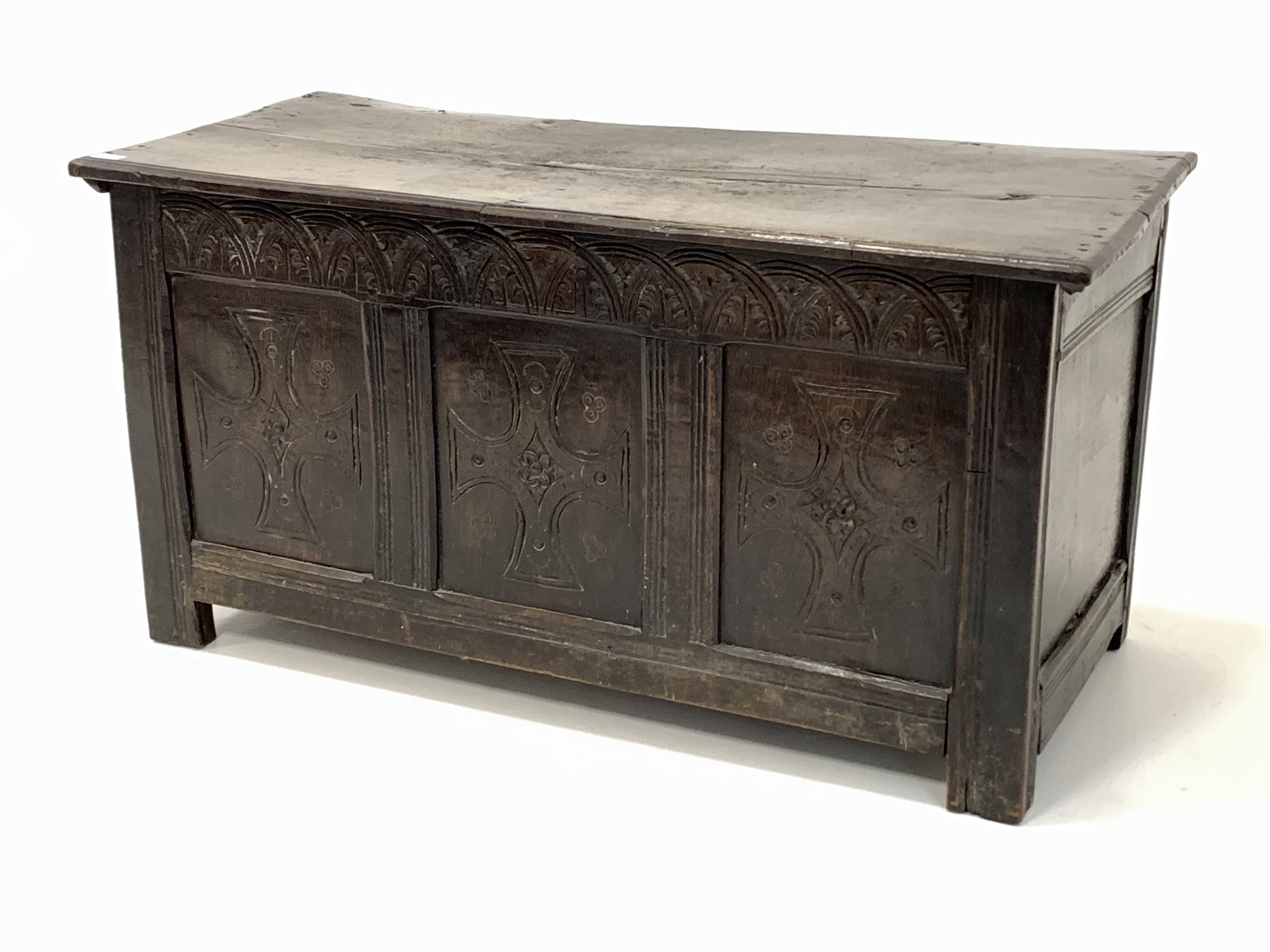 Late 17th century oak coffer, rectangular moulded top lifting to reveal interior fitted with candle - Image 2 of 5