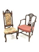 Victorian mahogany hall chair, pierced and scroll carved crest rail with two turned finials over spi