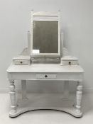 Late Victorian painted pine dressing table, with swing mirror, three drawers, turned front supports