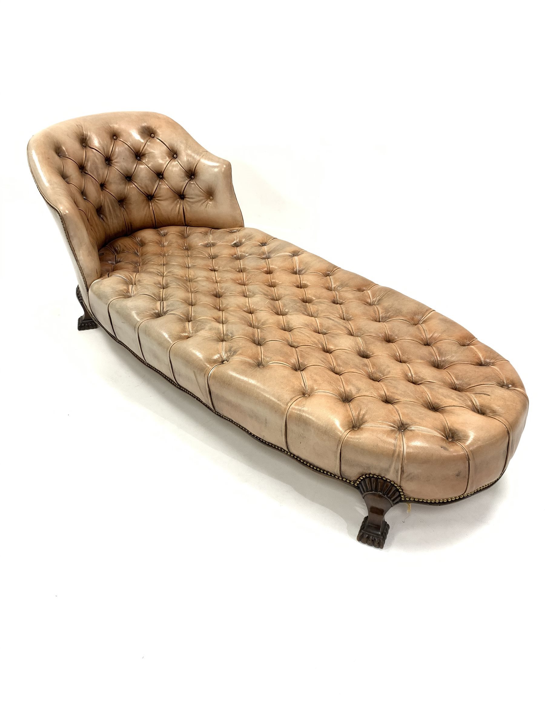 Georgian style chaise longue, with tub shaped raised back rest, upholstered in deep buttoned and stu - Image 2 of 2