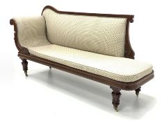 Mid 19th century mahogany upholstered chaise longue, with scrolled floral decoration, squab cushion,