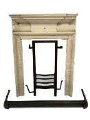 Late Victorian painted pine bedroom fire surround, with associated cast iron insert and a fire curb
