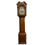 Edwardian longcase clock, swan neck pediment with applied brass floral roundels over arched hood and