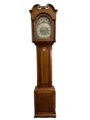Edwardian longcase clock, swan neck pediment with applied brass floral roundels over arched hood and